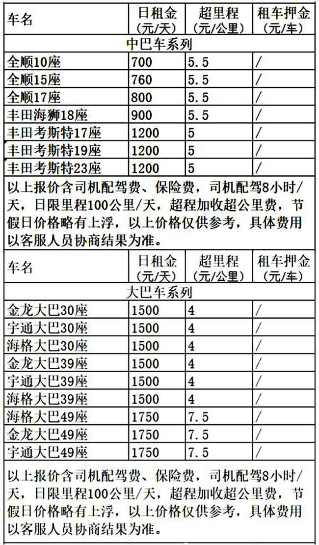 成都租商務大巴車價格表