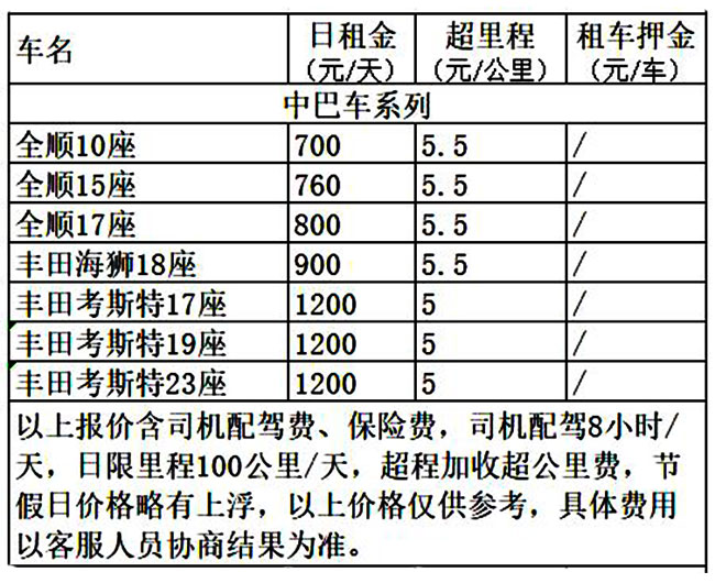 成都租中巴車(chē)價(jià)格表