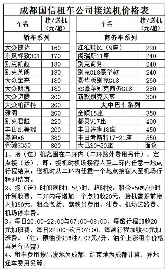 成都租車用車機(jī)場接送價格表