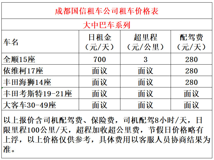 成都旅游大巴租車價格表