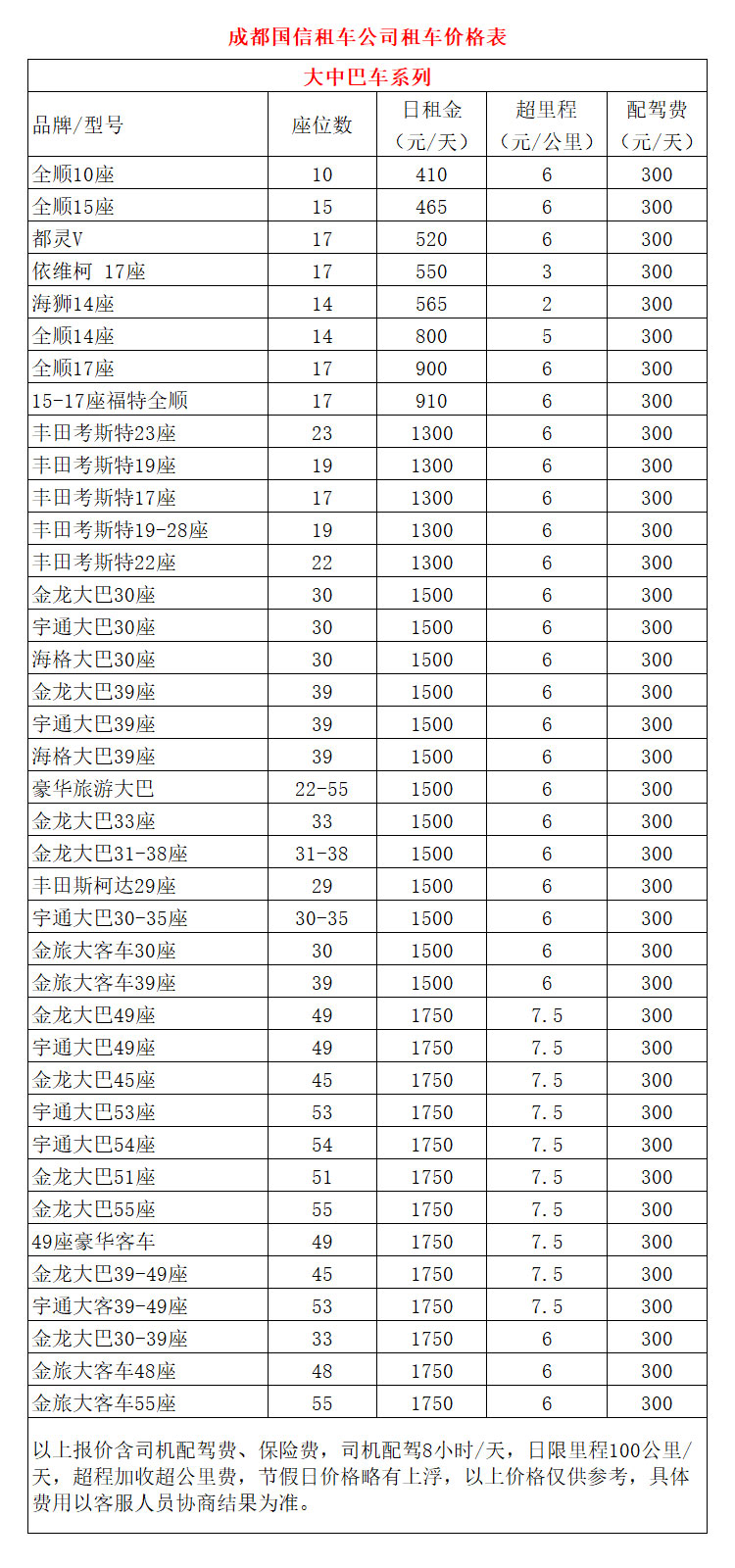 成都旅游大巴租車價(jià)格表