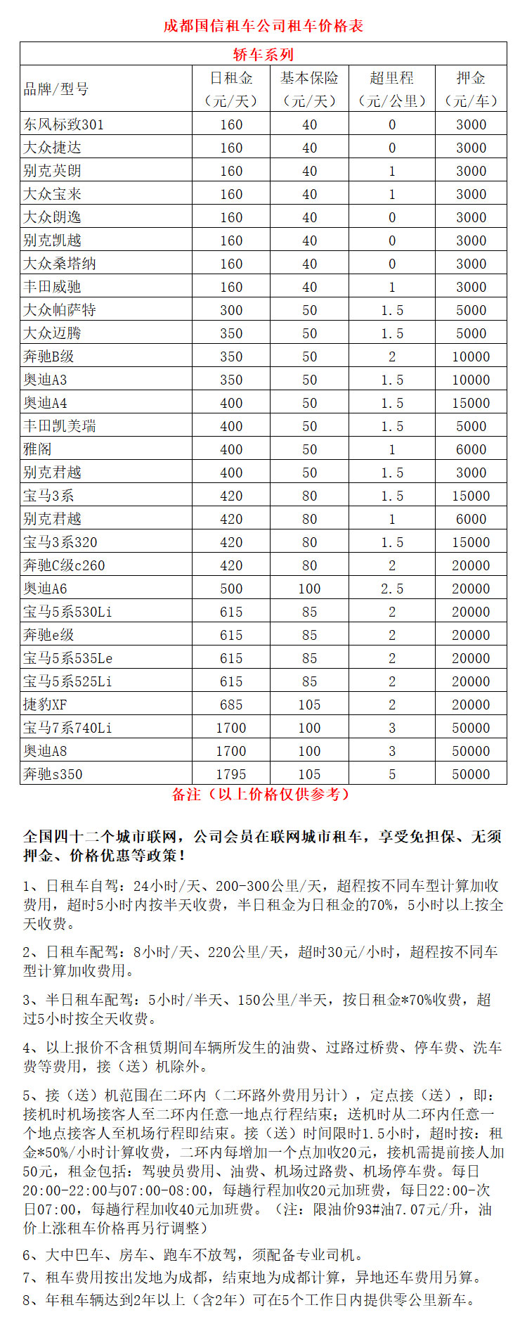 成都租車包車價(jià)格表