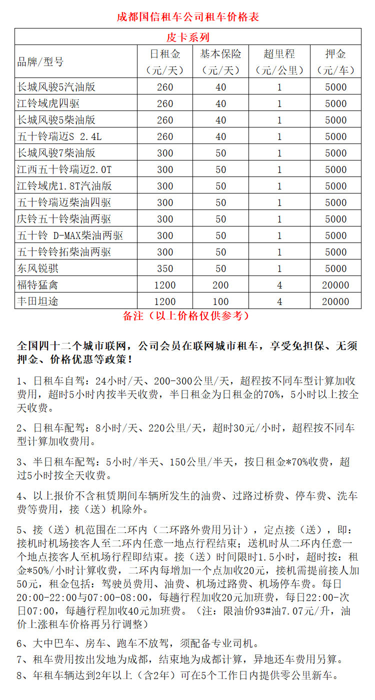 成都租車包車價(jià)格表